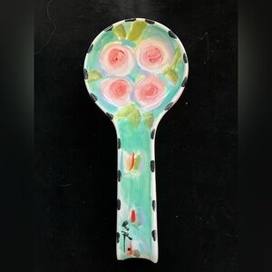 Peonies On Mint”Ceramic Hand painted Spoon Rest “11”x5”
